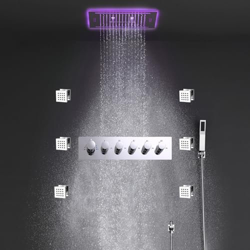 Thermostatic Shower System with Bluetooth Speakers LED Shower Head Wall Mount Faucet Set Handshower and Body Jets