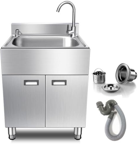 Fregadero de acero inoxidable con puertas, fregadero profundo para exteriores, jardín, terraza, lavadero, garaje, con grifo y kit de drenaje (color: caliente + frío, tamaño: 610 x 480 mm/24 x 19) (gri