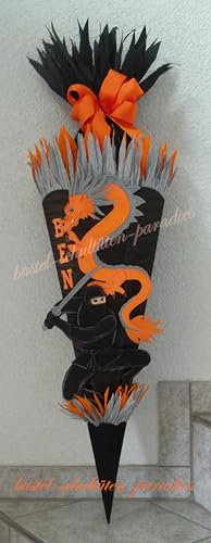 Schultüten Bastelset Ninja mit Drachen schwarz-orange MaterialType 3D Wellpappe-Rohling