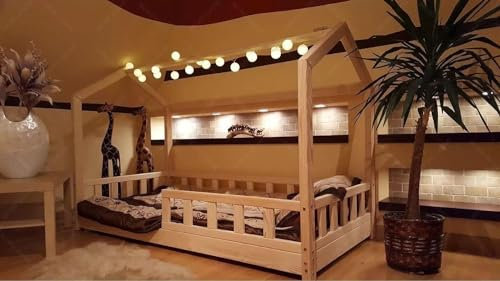 Holzti - Hausbett 140x70cm, Weiß - Kinderbett aus Holz, mit Lattenrost und abnehmbarem Rausfallschutz - Bodenbett bis 180 kg Belastbar, aus Kiefernholz - für Mädchen, Junge
