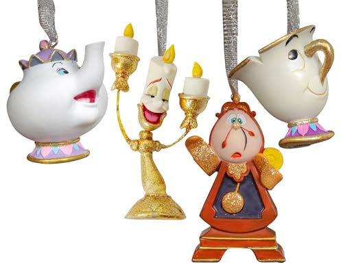 Disney - Set of 4 Beauty & The Beast Resin Hanging Decorations - Cogsworth, Chip, Lumiere & Mr's Potts - Christmas/Xmas Tree Glitter Ornaments - Licensed Gifting & Homeware.