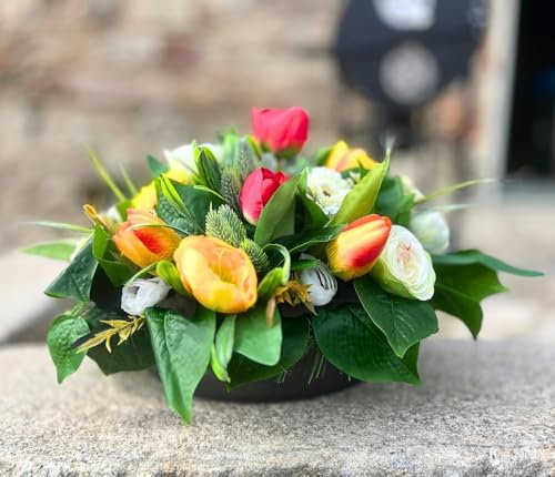 B4y Home dESING Frühlingsblumen Grabgesteck künstlich mit Tulpen Rosen rot gelb Pfingstrose mittel groß Übertopf 40-30cm breit für Gedenkstätten Friedhof Urnengrab