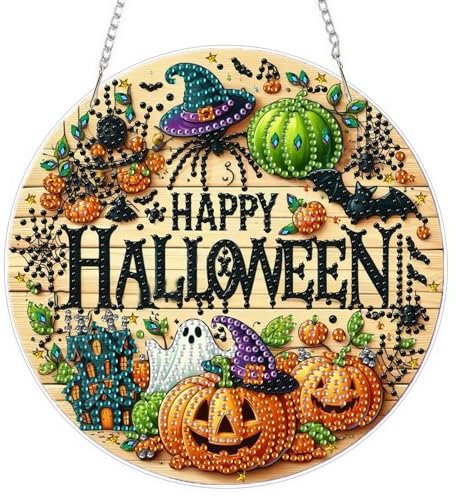 EOBROMD Halloween Diamond Painting Fensterbilder, 5D Kürbis Diamond Painting Anhänger Deko mit Kette, Diamant Malerei für Wand Und Eingang Dekoration