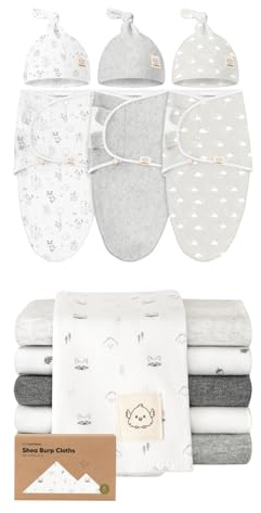 KeaBabies 3-Pack Swaddles with Hats for Newborns and 6-Pack Burp Cloths Baby Boy, Girl - Baby Sleep Sacks 0-3 Months, Newborn Swaddle Wrap - Large Cotton Burping Cloths, Spit Up Rags