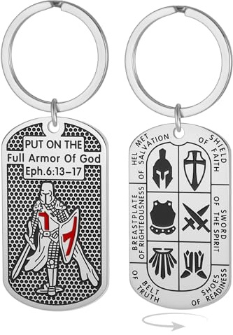 EUEAVAN Crusader Knights Templar Keychain for Men Ephesians 6:16-17 Armor of God Jerusalem Cross Dog Tag Keyring Saint Amulet Jewelry