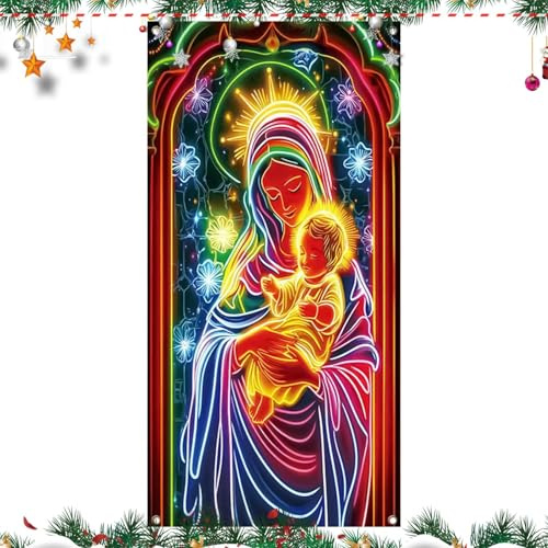 Decoración De Puerta De Navidad | 89x180 Cm Festivo Fluorescente Puerta De Entrada Lona | Decoración De Fiestas Con Soporte Para Lona De Interior, Exterior, Casa, Fiesta, Granja, Porche, Año Nuevo