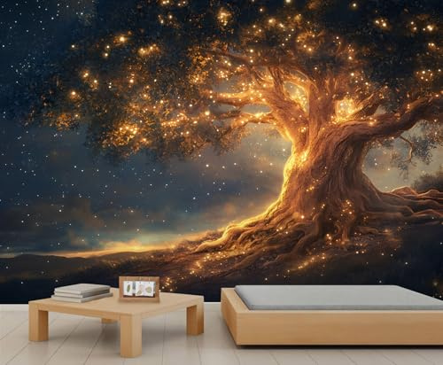 Papier peint motif arbre, décoration murale arbre flash doré, papier peint pour salon, chambre à coucher, arrière-plan TV, hôtel, bar, décoration – 250 x 175 cm