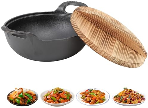 TBRFP Cast Iron Wok Pan 10.6, Flat Bottom Wok with Lid for All Stovetops | Heavy-Duty Stir Fry Pan, Traditional Chinese Cookware for Gas, Electric & Induction Hobs, Durable & Easy to Clean
