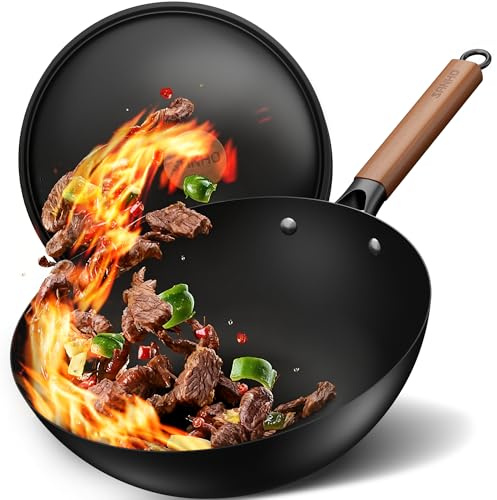 Sanho Carbon Steel Wok with Lid - 32cm/4.7L Non Stick Wok, Pre-Seasoned & 0 Chemical Coating, Healthy Stir Fry Pan for All Hobs (Gas, Induction (<800W), Electric, Ceramic), Multipurpose Cooking