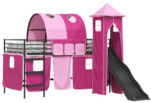 vidaXL Kinderloftbett Schwarz und Pink 107 x 200 cm Metall, Kindermöbel, multifunktionales Hochbett mit Rutsche, modernes Schlafpod, cooooler Etagenrahmen