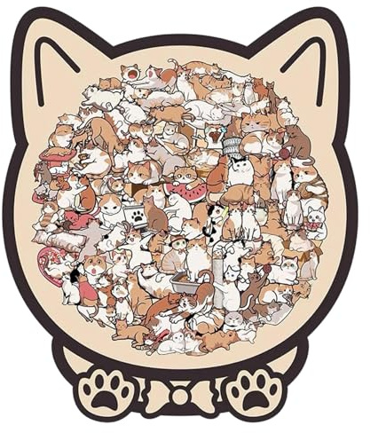 135 PCS Wooden Puzzle Colorful Cat Shaped Jigsaw Puzzle with Display Stand, Artistic Jigsaw Puzzles for Adults, Kids, Family, Cat Lovers Gift, Home Decor, Shelf Display, Challenging Game (B)