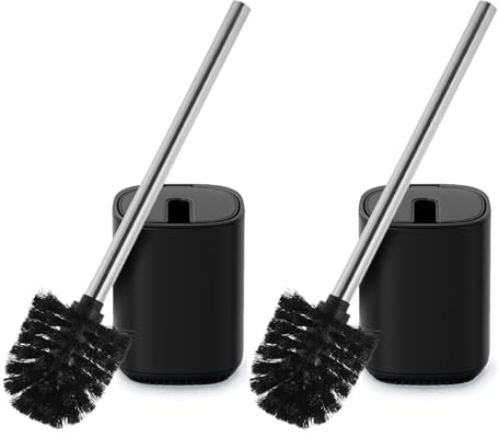 Sleek Toilet Brush Holder Set Toilet Bowl Brush Stainless Steel Automatic Open lid Toilet Bowl Cleaner Brush with Durable Bristle Head Toilet Cleaning Brush for Bathroom (2, black)