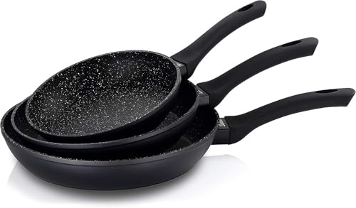 Genérico Set de 3 sartenes de Aluminio Forjado Antiadherentes con Revestimiento Mármol - 20/24/28 cm - Aptas para Inducción, Gas, Vitrocerámica - PFOA Free - Mango Soft Touch