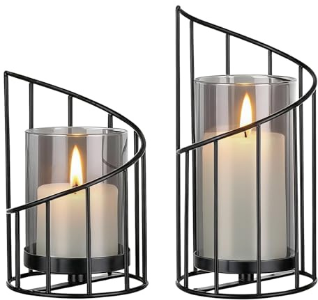 Niboow Lot de 2 Bougeoirs Noir(Bougies Non Fournies), Métal Verre Ensembles de Bougeoirs Ronds, Lanternes Décoratives Candélabres/Vase à Fleurs pour Mariage, Jardin, Salon à Manger Spirale Chandeliers