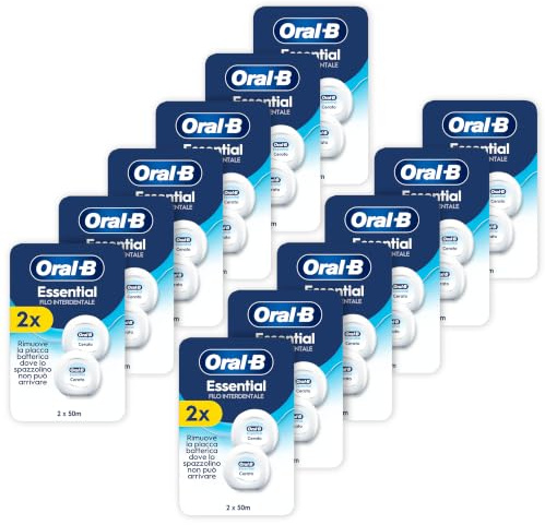 Oral-B Filo Interdentale Cerato, Essential Floss, Neutro 12x2x50m | Rimuove la Placca, Cerato per Spazi Stretti, Resistente agli Sfilacciamenti, Sapore Neutro, Confezione da 12x2x50m