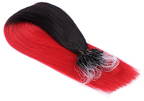 Micro-Ring/Loop Hair Extensions (#1B/RED OMBRE - 60 cm - 50 Strähnen - 0,5g) 100% Remy Echthaar Haarverlängerung Micro Ring Remy Qualität, ganz leicht einzusetzen - by Haar-Profi