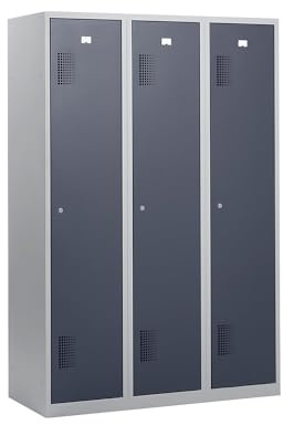 eurokraft | Spind | 3 Abteile | lichtgrau RAL 7035 | 3 Abteile, lichtgrau / basaltgrau, Breite 1200 mm, Zylinderschloss