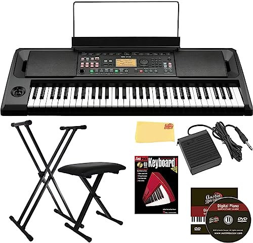 Korg EK-50 Entertainer Keyboard Bundle mit verstellbarem Ständer, Bank, Sustain Pedal, Anleitungsbuch, Austin Bazaar Anleitung DVD und Poliertuch