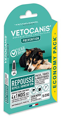 Vetocanis, Pipettes Anti Puces Chien, 4x1 Mois sans Tiques, Puces, Moustiques, Antiparasitaire Chien 10 à 20 kg, A base de Margosa, Répulsif Protection Immédiate, 4 Pipettes de 3 mL