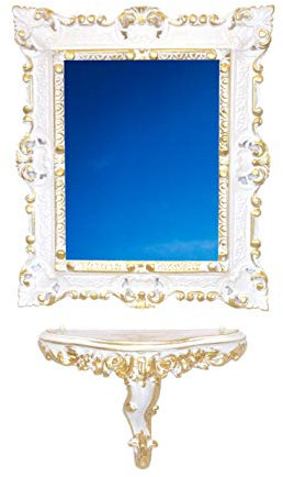 Idea Casa Set Consolle + Specchio Bianco Oro Finto Barocco Stile Shabby Chic Veneziano