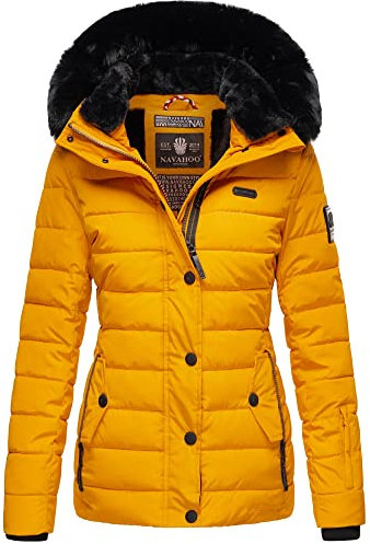 Navahoo Damen warme Winter Steppjacke mit Abnehmbarer Kunstfell-Kapuze Milianaa Yellow Gr. S