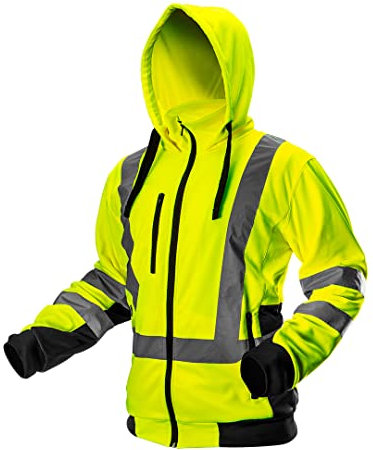 NEO TOOLS Herren Sicherheitsjacke mit reflektierenden Streifen, Warnschutzjacke mit Kapuze, Stehkragen, Innenfutter Fleece, Pulli Berufsjacke Warnjacke Langarm, neon gelb, Gr.S