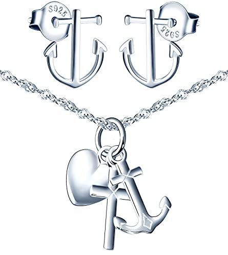 Yumilok Schmuckset Damen mit Zirkonia in 925 Sterling Silber mit Anker Herz Kreuz Anhänger Halskette Ohrringe Kette Set