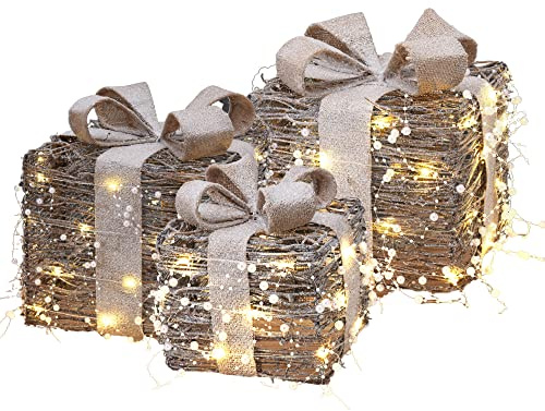 URBNLIVING 3 Piece Decorative Light Up LED Set Rattan Parcel Gift Box Xmas Tree Decorations