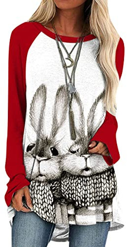 OMZIN Damen Osterhasen Sweatshirt langärmliger Kaninchen Druck Pullover lockere Passform leichte Oberteile 2TU Rot XXL