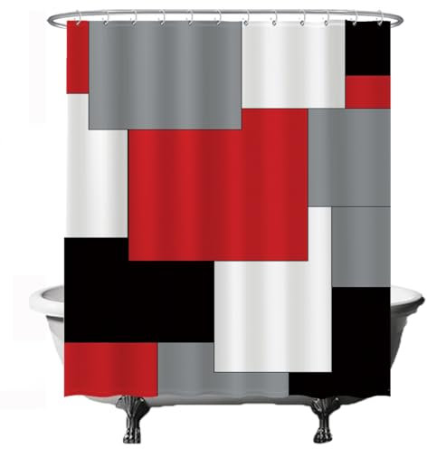 Ulticool Duschvorhang - Rechteck Quadrat - 180 x 200 cm - Waschbar - Anti Schimmel - mit 12 Ringen - Rot Grau Schwarz Weiß