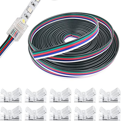 VISSQH Kit di Connettori a Striscia LED, Cavo di Prolunga da RGB 5050 10m,Cavo LED da 12V,Connettori Strisce Led Spina 10mm 5pin, 5pin Rapido Connettore Cavo per RGBW 5050 LED Strip Larga