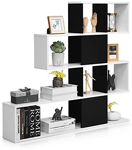 COSTWAY Libreria in Legno, 5 Livelli con Ante, Scaffale Multifunzionale a Forma di Scala, Ideale per Soggiorno Studio Ufficio, 120x19,5x109cm (Nero e Bianco)