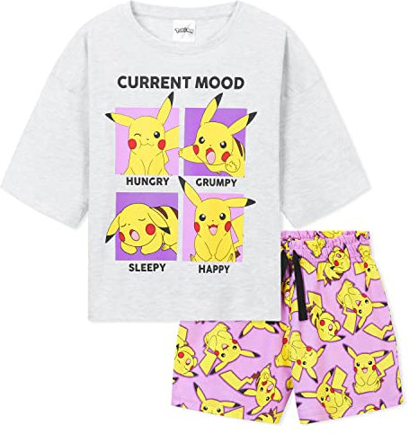 Pokémon Pyjama Fille, Pyjama Pikachu, Ensembles de Pyjama Fille Court, Ensemble 2 Pièces T-Shirt Crop Top et Short Vêtements Enfant Fille et Ado Été Coton 5-14 Ans (Gris/Rose, 7-8 Ans)