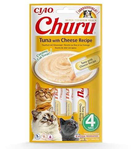 Ciao Churu Sticks by INABA Cat Treat - Tuna & Cheese Flavour (4 x 14g) / Soft & Creamy Cat Treat, Delicious & Healthy Snack, Squeezable Purée Food Topper, Pill Assist, Natural, Grain Free