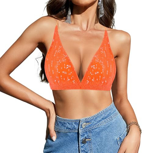 Naimo Damen Pailletten Crop Top Neckholder V-Ausschnitt Cami Criss Cross Rückenfrei Tank Top Bralette Weste Party Rave Oberteil