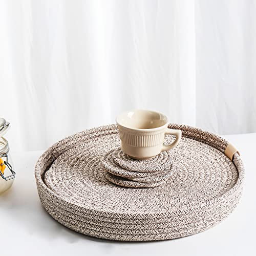 Art Pinecone Platzsets aus gewebtem Baumwollseil, rund, 4 Stück, mit Halter, rutschfest und hitzebeständig für Ihre perfekte Tischdekoration. (Braun gemischt, 33 cm Plus Untersetzer)