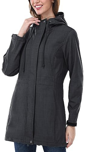 Outdoor Ventures Veste de pluie longue softshell avec capuche pour femme - Veste de mi-saison doublée - Veste fonctionnelle imperméable coupe-vent - Veste de randonnée respirante, Noir à carreaux XL