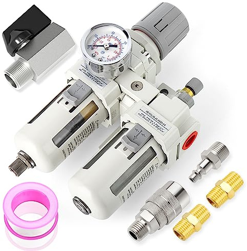 MEANLIN MEASURE Air Compressor Moisture Filter, AC4010 Air Line Filter, 1/2 NPT Inlet with 150 PSI Gauge and Valve Shut Off Switch for Air Tools and Spray Paint Gun