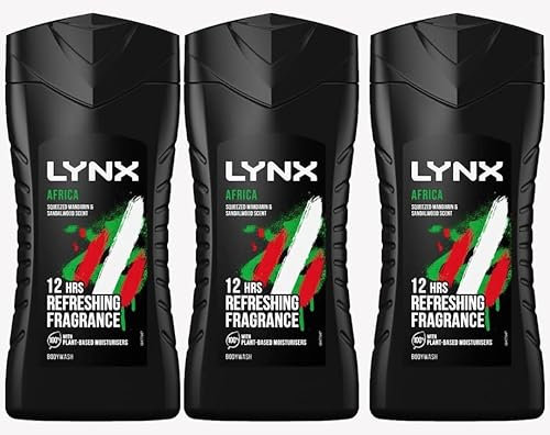 Lynx Africa 12 Hours of Refreshing Fragrance. 3x 225ml Bottles of Squeezed Mandarin & Sandalwood Scent.