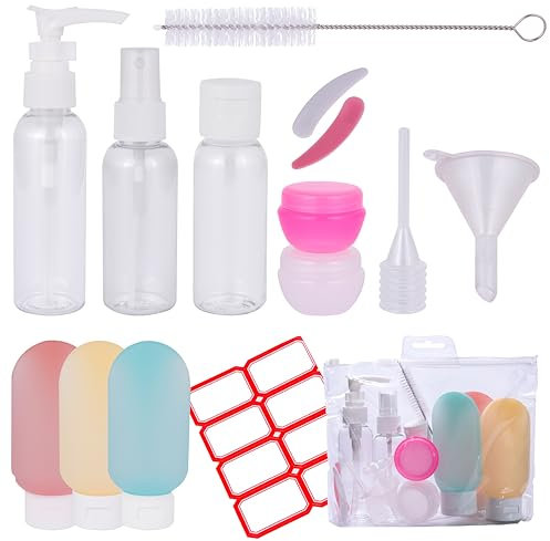 LiftRoad Flacon Voyage – Kit Voyage Avion 13 pcs Étanches en Silicone et Plastique – Contenant Voyage Rechargeable pour Crème, Lotion, Shampoing - Bouteilles, Pots, Pulvérisateurs – Multicolore