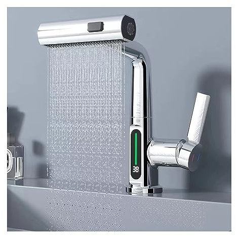 Robinet De Salle De Bain À Affichage De La Température LED, Robinet De Lavabo De Salle De Bain Cascade Relevable, Mitigeur De Lavabo Avec Pulvérisateur Rétractable,Chrome