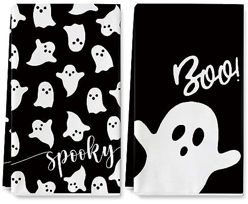 AnyDesign Halloween-Küchentuch, 45,7 x 71,1 cm, schwarz-weiß, Geister-Geschirrtuch, gruselig, handtrocknen, Geschirrtuch für Halloween, Backen, Kochen, Zuhause, Küche, Dekoration, Einweihungsgeschenk,