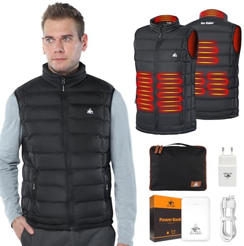 Rex Rabbit Beheizbare Weste, Beheizte Weste Herren mit 10000mAh Akku, Heizweste mit 6 Heizzonen, 3 einstellbare Wärmestufe, Beheizte Jacke mit Powerbank für Outdoor Wandern Motorrad Camping