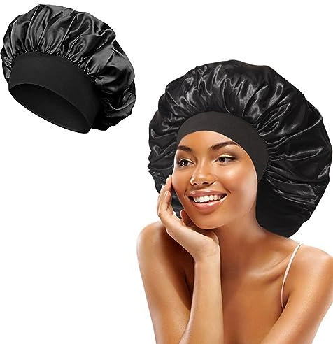 PSOWQ 1 Stück Silk Bonnet Schlafmütze,Satin Haarhaube Bonnet,Seidenhaube Schlafhaube,Nachtmütze Haube Schlafen Atmungsaktive Kopfbedeckung für lockiges Haar Schlafmütze Seide Kopfhaube-Black