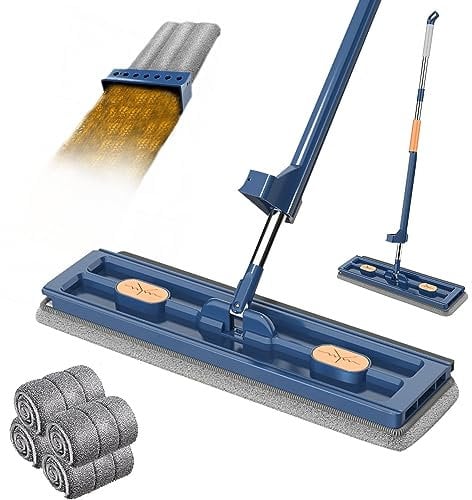 Großer Flachmop, 2023 Neu Großer Flach Mopp Bodenwischer, Flacher Wischmopp mit auswringfunktion, 360° Drehgelenk Bodenwischer Set Flachmopp mit Wiederverwendbaren Mikrofaser-Wischpads (Blau + 4 Pads)