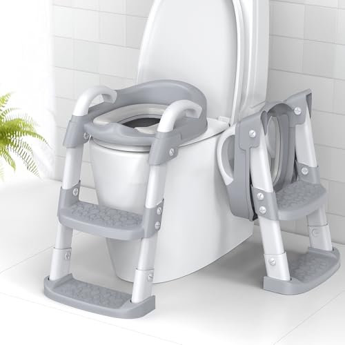 Zieyeen Asiento de entrenamiento para ir al baño con escalera, inodoro de entrenamiento para niños pequeños, silla de orinal ajustable para inodoro con escalones anchos antideslizantes y asas de