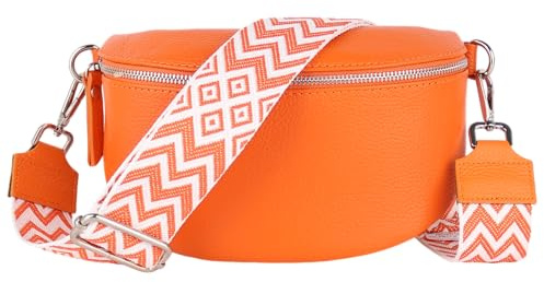 MIRROSI® Bauchtasche Damen, Echtleder, Made in Italy, Umhängetasche, Brusttasche, Crossbody Bag (1 Tasche & 2 Gurte) (Orange (Bohemian), Mittelgroße Tasche (25x16x7cm))