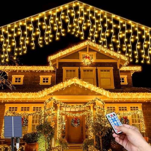 MXJFYY Luces de carámbano solar, 5M Impermeable Cortina de Luces, 32pcs*0.8M 256LEDs Cortina de Luces Solares 8 Modos Cadena de Luz con Control Remoto para Vacaciones Patio Jardín Boda
