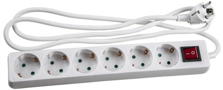 Regleta 6 vías con Interruptor, 1,5 m, 3G, 1,5 mm² Blanca, Ideal para conectar múltiples Dispositivos y Proteger contra sobrecargas.