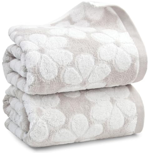 Soft Bath Towels 2 Pack, Super Absorbent Shower Towels 27.5x55 Inches, Cute Floral Jacquard Bathroom Set, Cotton, Light Beige